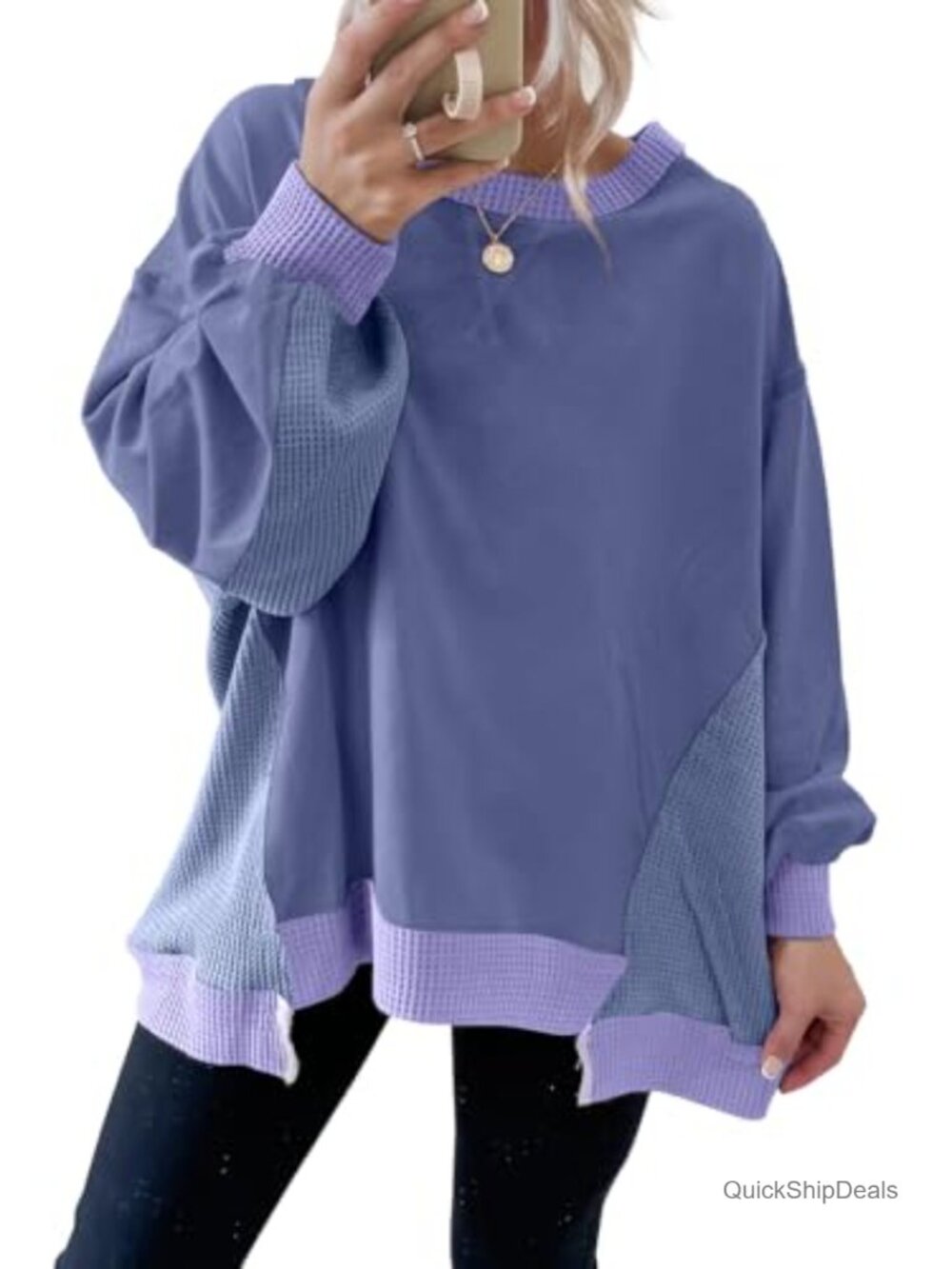 Waffle Knit Color Block Oversized Sweatshirt Crew Neck Long Sleeve Pullover
